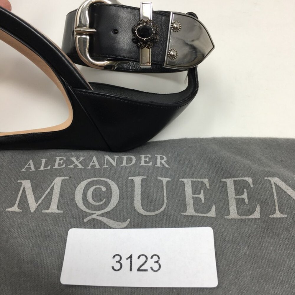 Alexander McQueen 4" Heels Medieval Buckle Sandal Size 37 Black Leather - Picture 16 of 16